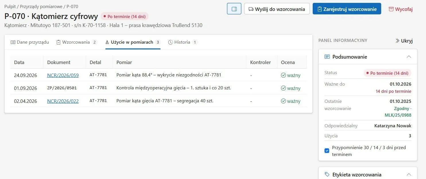 Gdzie i kiedy użyto przyrządu: dokument, detal, pomiar i ocena. To punkt wyjścia do weryfikacji wcześniejszych wyników.