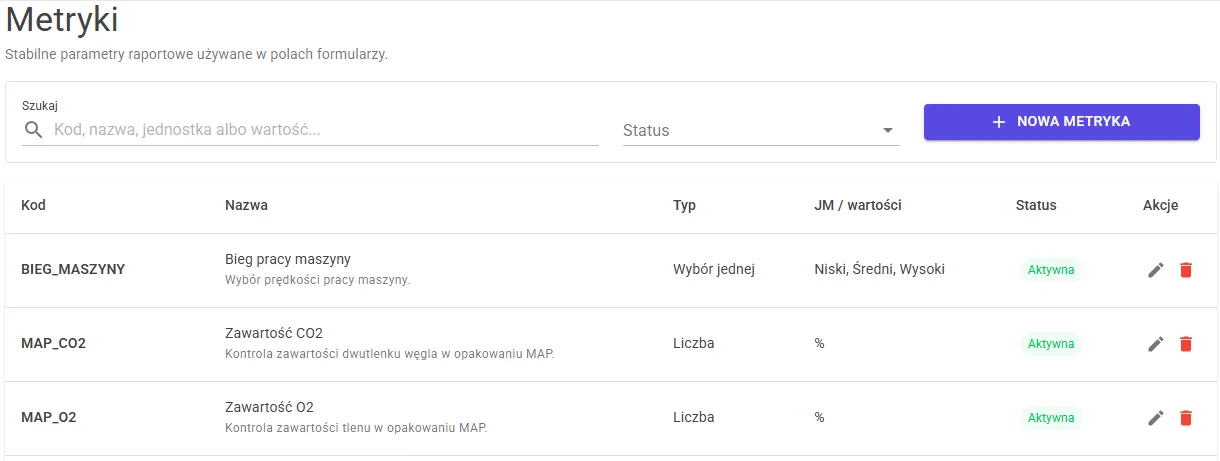 Screen: Metric dictionary — Code, value type, unit and the range of allowed values.