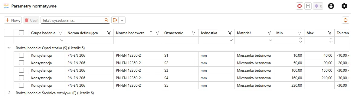 NormaBet normative parameters with defining standard, test standard, unit and range