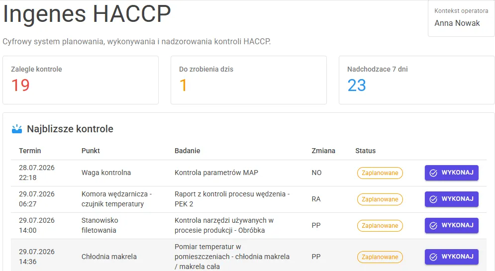 Screen: Operator dashboard — Overdue, today’s and upcoming inspections with a “Perform” action.