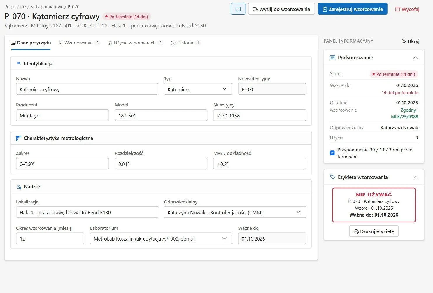 Identyfikacja, charakterystyka, osoba odpowiedzialna i etykieta statusu. Dokumenty, terminy i historia pozostają przy jednej karcie.