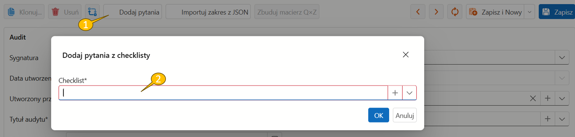Dodawanie pytań z list kontrolnych