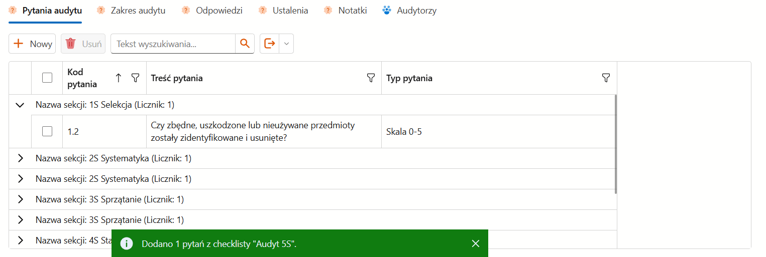 Potwierdzenie dodania pytań