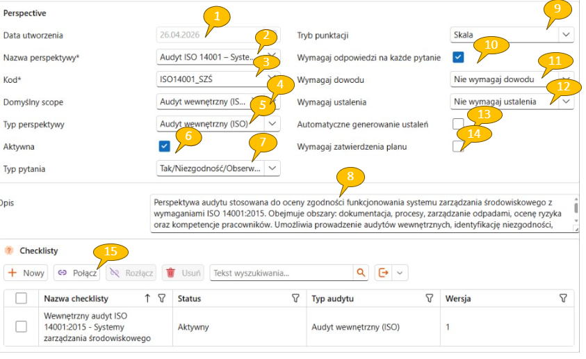 Formularz konfiguracji perspektywy audytu — widok wszystkich pól w systemie QMS