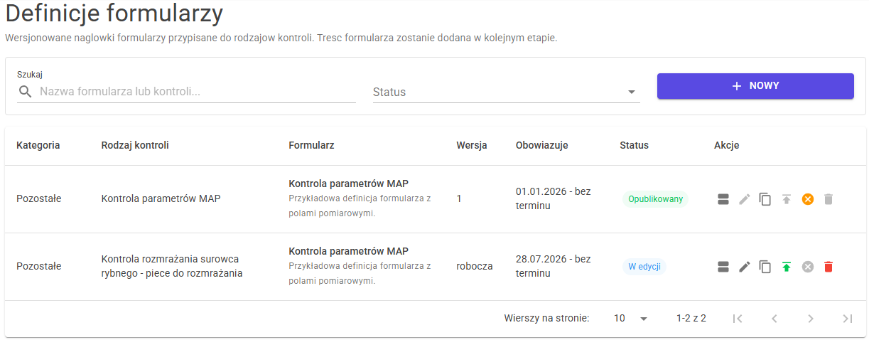 Definicje formularzy – lista
