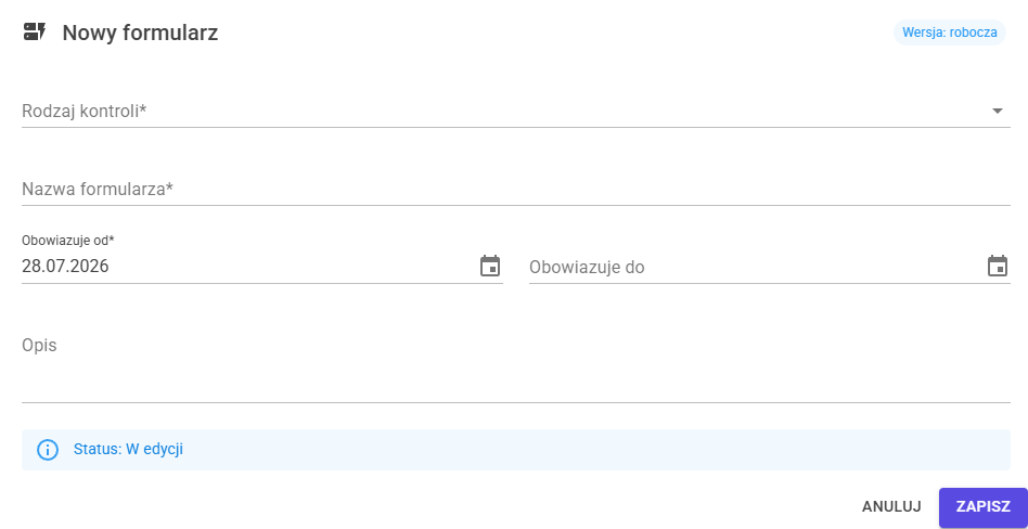 Dialog nowego formularza